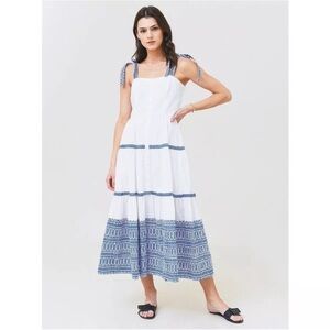 Oliphant Midi Tiered Button Dress with Bow Sleeves Blue and White Pattern
